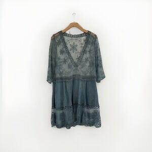 Boho Tunic Dress Womens M Teal Blue Embroidered Sheer Lace Festival Coachella